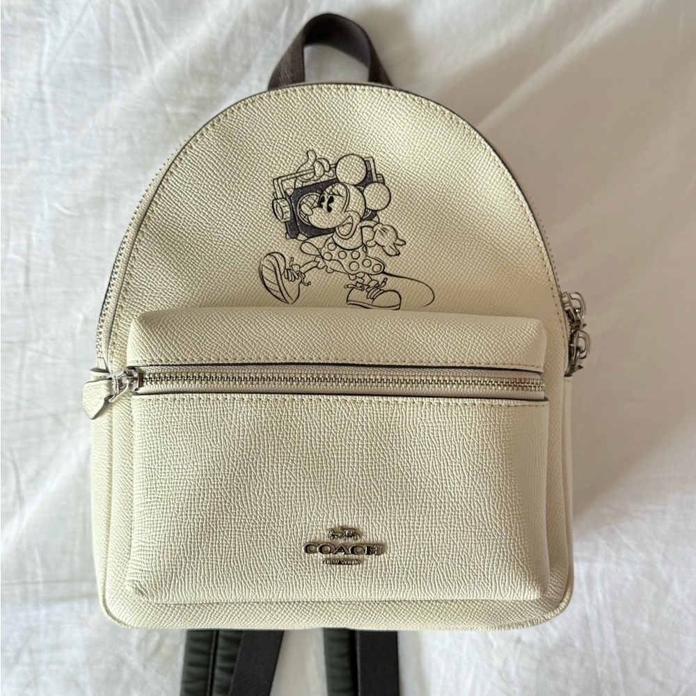 Coach x Disney Cream Mini Charlie Leather Backpack with Minnie Mouse Design